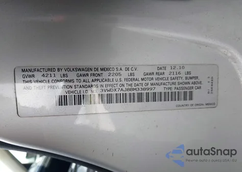 2011 Volkswagen Jetta 2.5L Se из США, поврежденный, VIN 3VWDX7AJ8BM338997